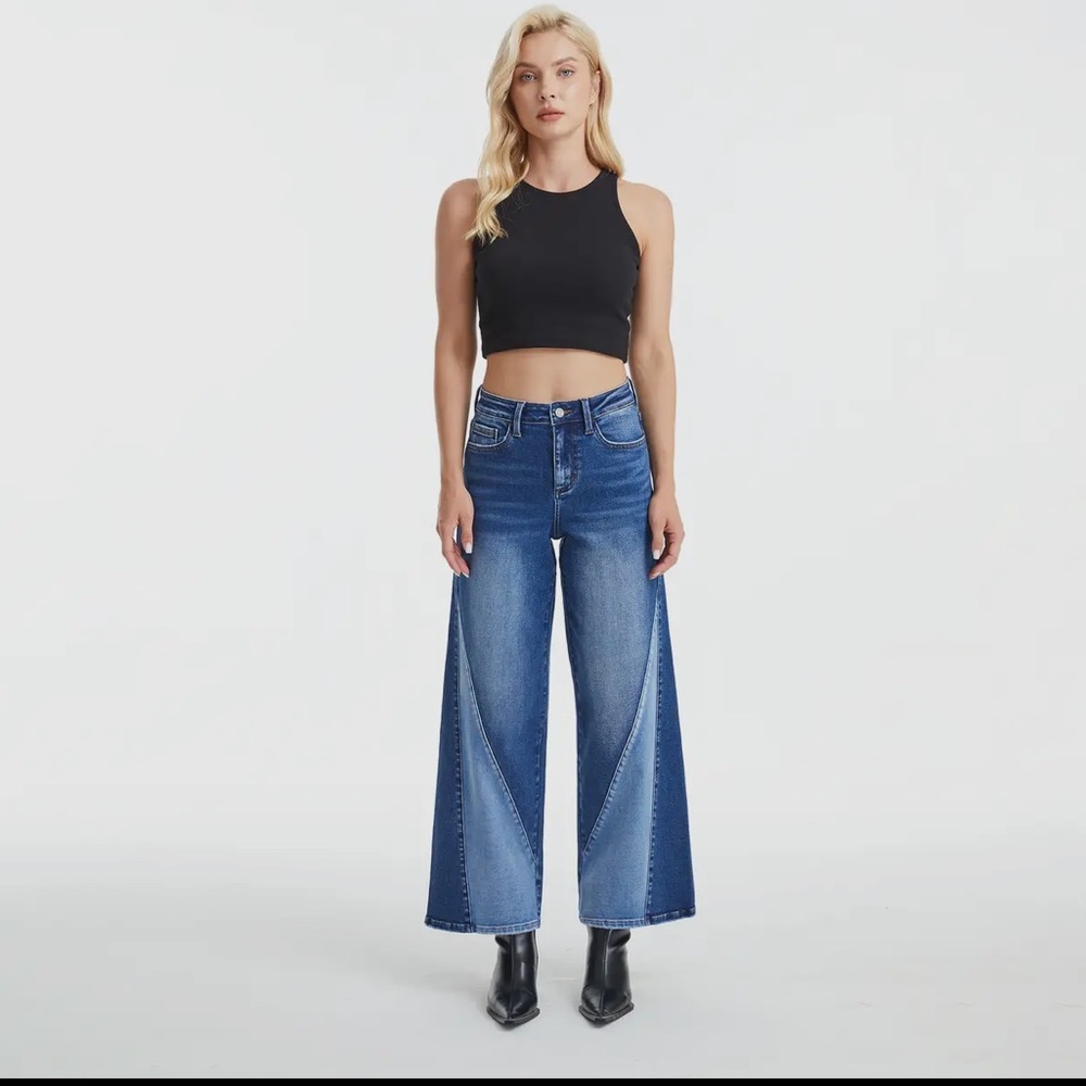 Two Tone Denim Wide Leg Jeans